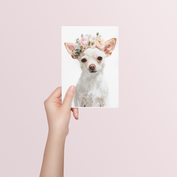 Watercolor White Chihuahua with Flowers Portrait Wall Art Print Poster Unframed - Picture 5 of 6